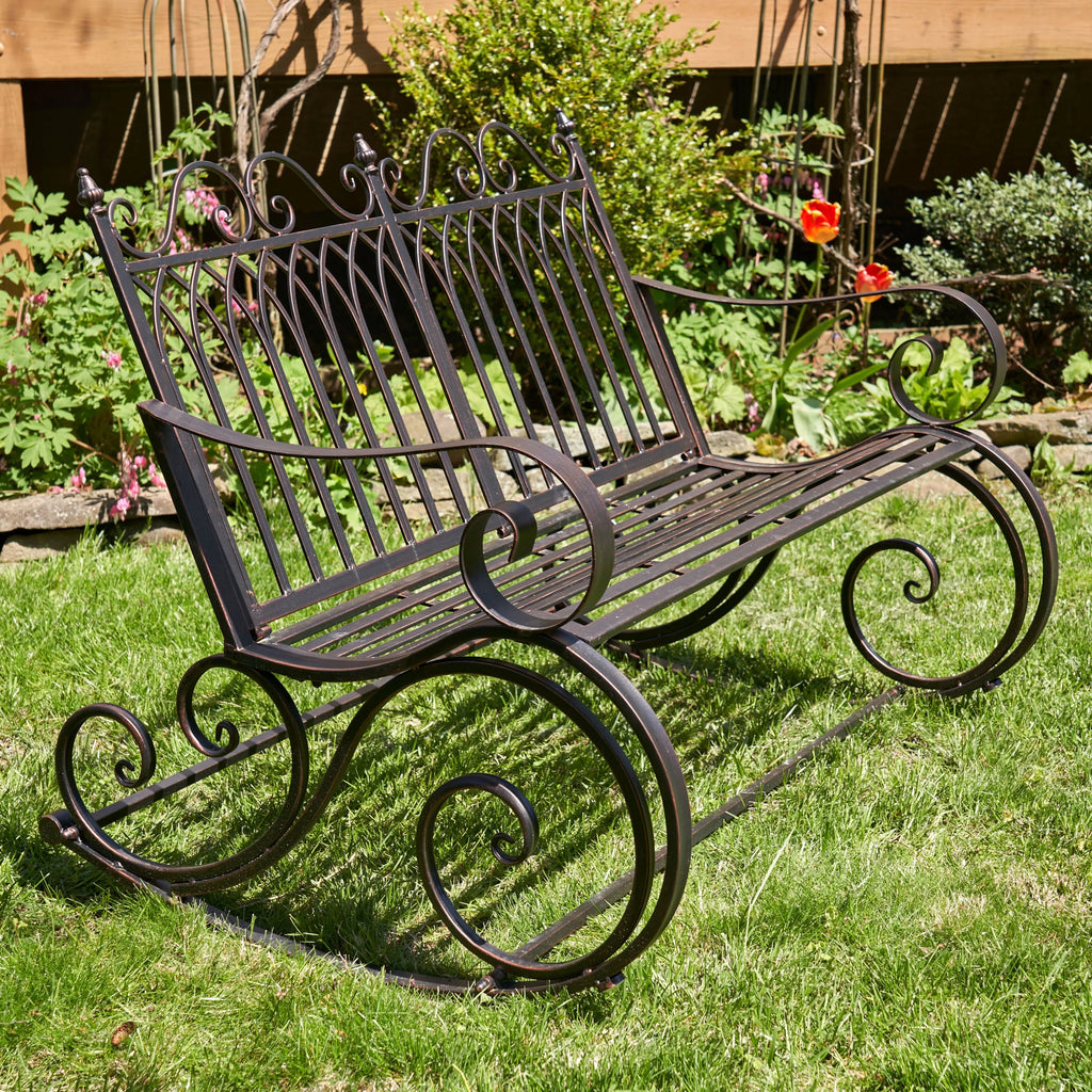 Metal Outdoor Rocking Bench, Bronze, 45 in L x 36 in W x 36 in H
