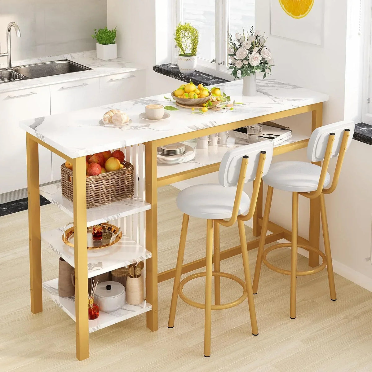 3-Piece White Faux Marble Bar Table And Chairs Set With 2 PU Cushion Bar Stools And 3-Tier Storage Shelves - Gold Frame