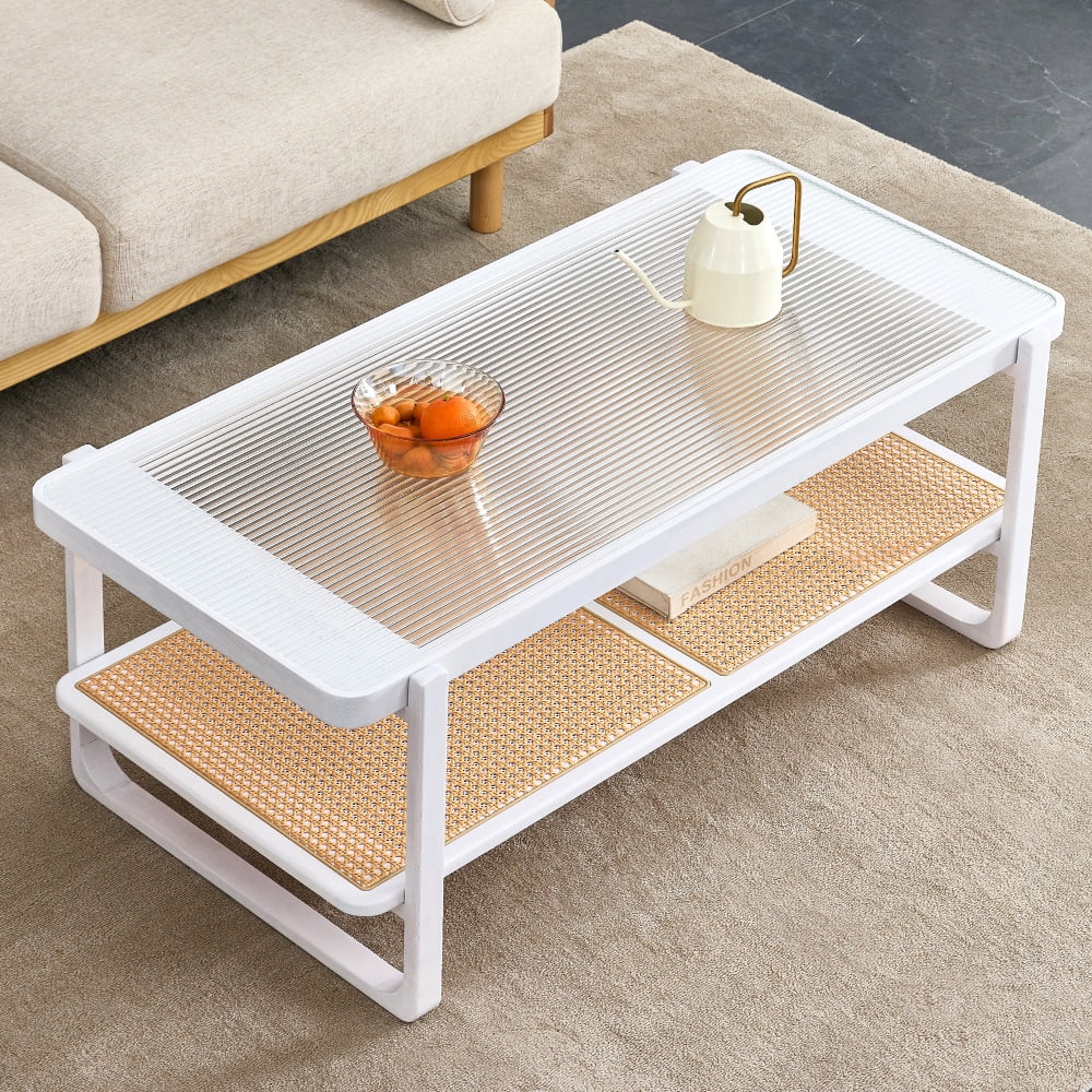 Glass Top Imitation Rattan Solid Wood Side Table, White - W1151134809