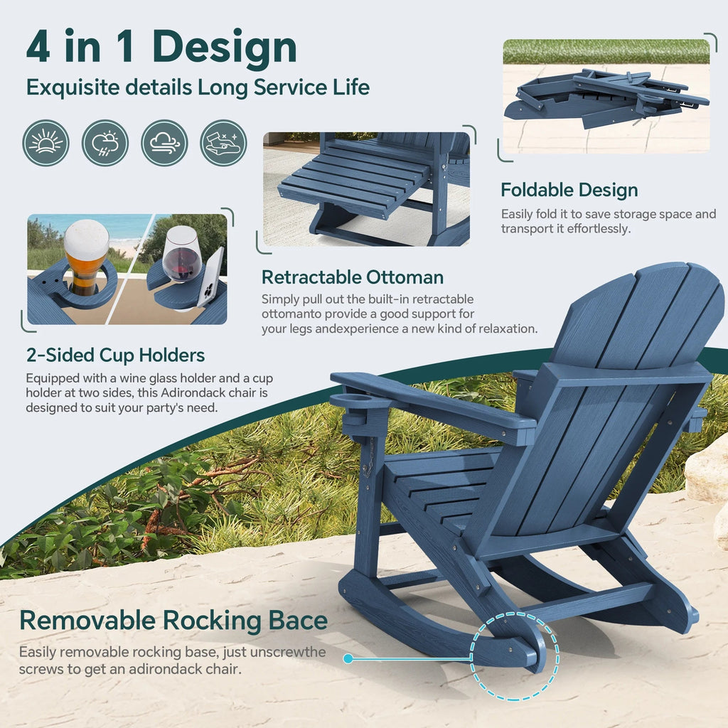 KINGYES Folding Adirondack Rocker Chair Set Of 2 With Footrest And Dual Cup Holders - Black