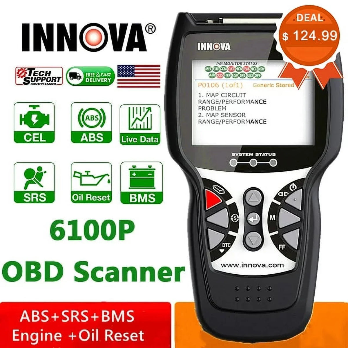 INNOVA OBD2 Automotive Diagnostic Scanner With SRS, Engine And ABS Code Reader - 6100P