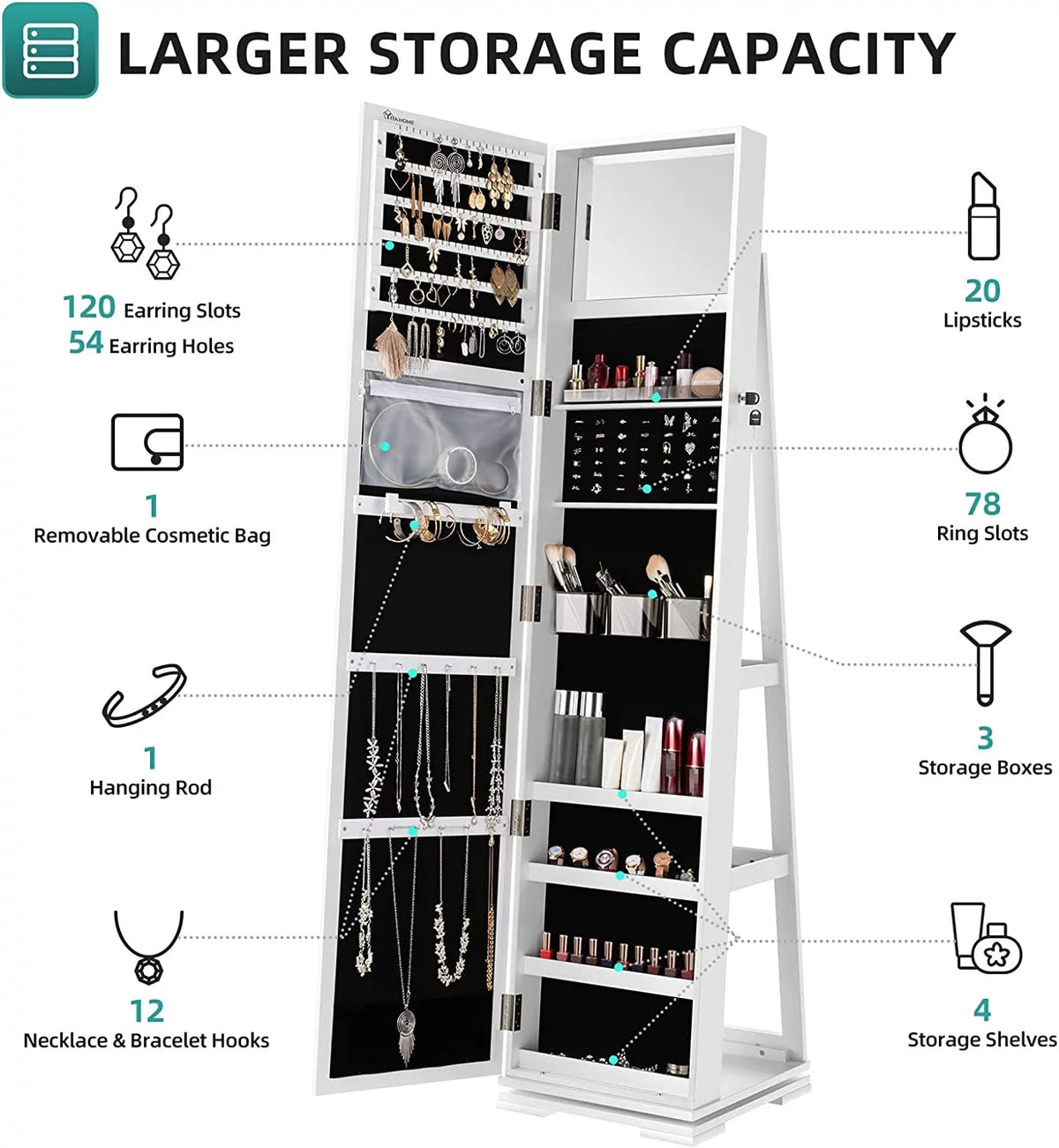 Dextrus 360 Degree Swivel Lockable Jewelry Cabinet With Full-Length Mirror And Rear Storage Shelves - White