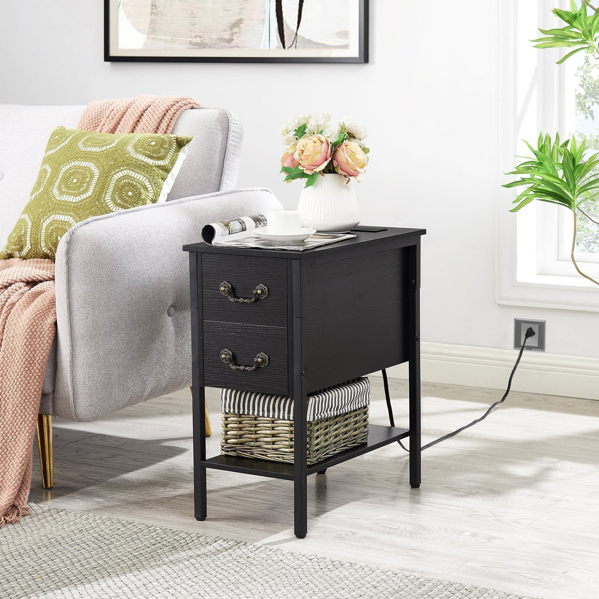 Narrow End Table With Charging Station, 2 Drawers, 19.6 in L x 11.8 in W x 23.6 in H, Gray/Black - 1-pcs / 2-pcs