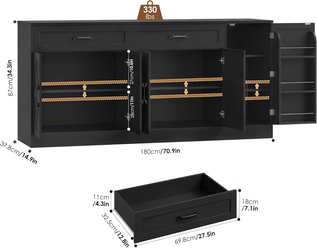 71 Inch Farmhouse Sideboard Buffet Cabinet With Adjustable Shelves And 2 Drawers - Black