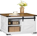 HOOBRO Farmhouse Lift-Top Coffee Table With Sliding Barn Door, White And Walnut, 31.3in L x 31.5in W x 19.7in H - WH80KF01