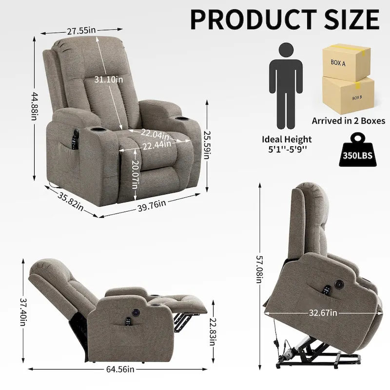 Lazy Boy Power Lift Recliner Chair With Massage, Lumbar Heating, USB Port And Cup Holders - Single Motor