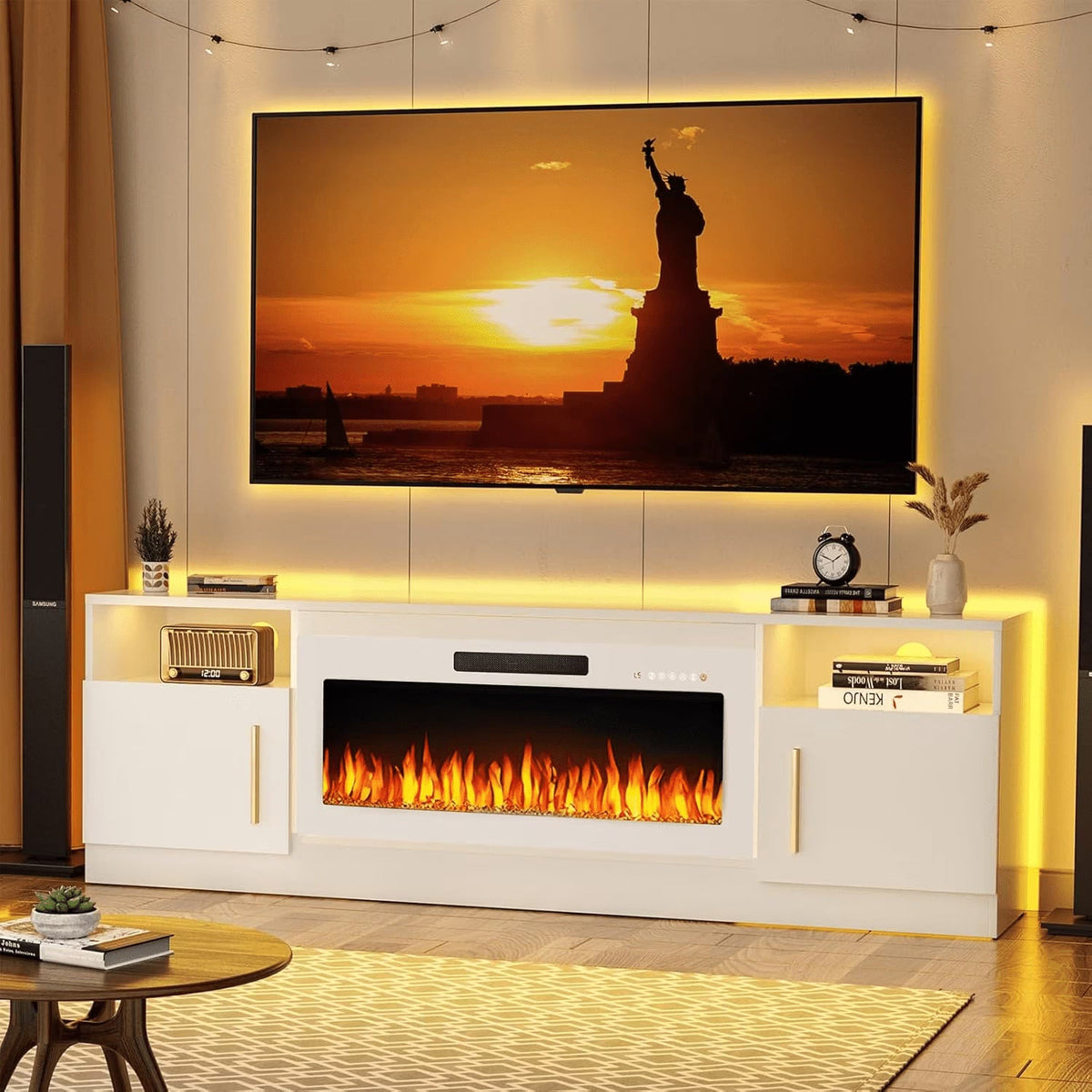 Waleaf TV Stand With 18 in Electric Fireplace And Adjustable Glass Shelves - TVs Up To 65 inch