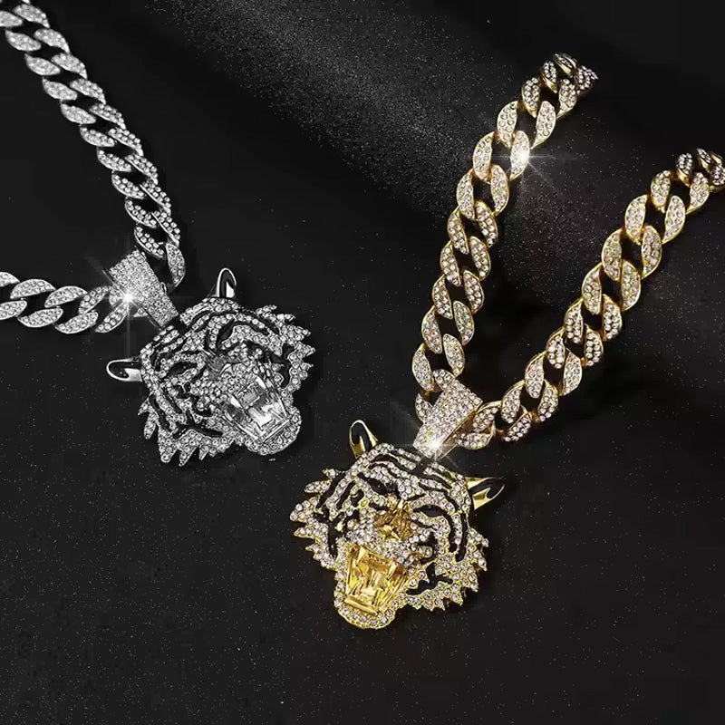 Tiger Head Pendant Necklace With Green Eyes, 13mm Cuban Link Chain, 20in - Gold Or Silvery