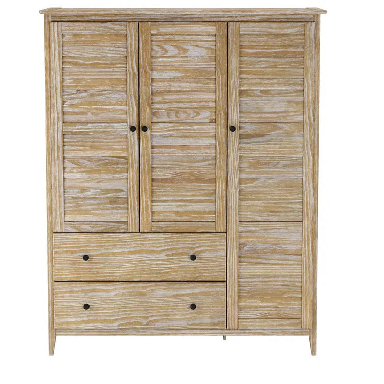 Solid Pine Wood Armoire, 3 Doors, 2 Drawers, 5 Shelves, 73.75 in H x 59.5 in W x 21.5 in D