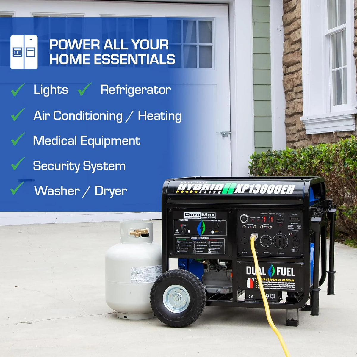DuroMax 13,000-Watt Dual Fuel Portable Generator, Gasoline/Propane, Electric Start - XP13000EH