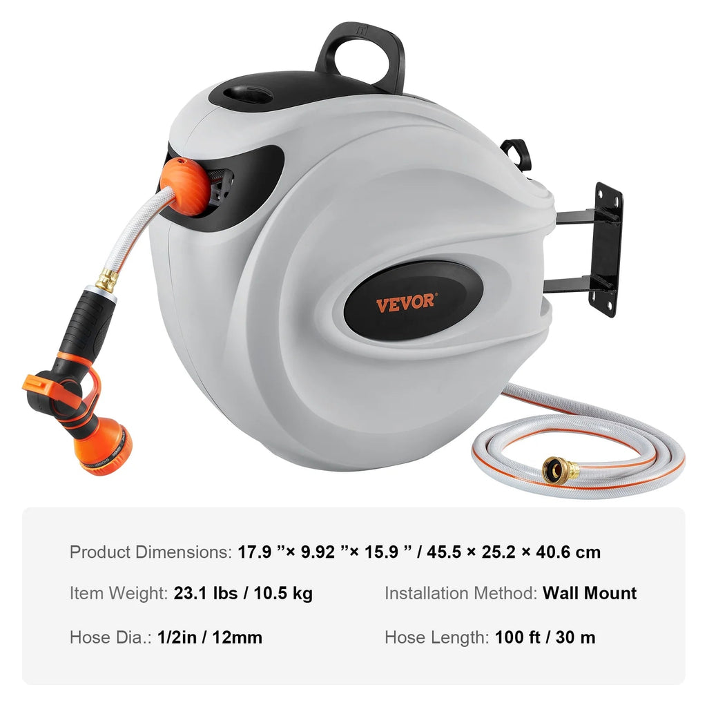 VEVOR Retractable Garden Hose Reel, 100 ft x 1/2 inch, Wall-Mounted With 9-Pattern Nozzle