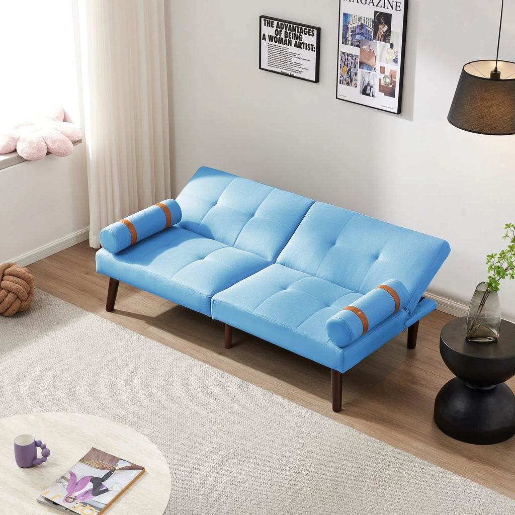 Blue Linen Convertible Futon Sofa Bed With Solid Wood Legs - 65.7in L x 32.2in W x 30in H