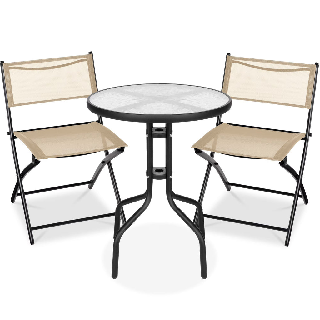 Best Choice Products 3-Piece Patio Bistro Dining Set With Glass Tabletop And Folding Chairs - Gray