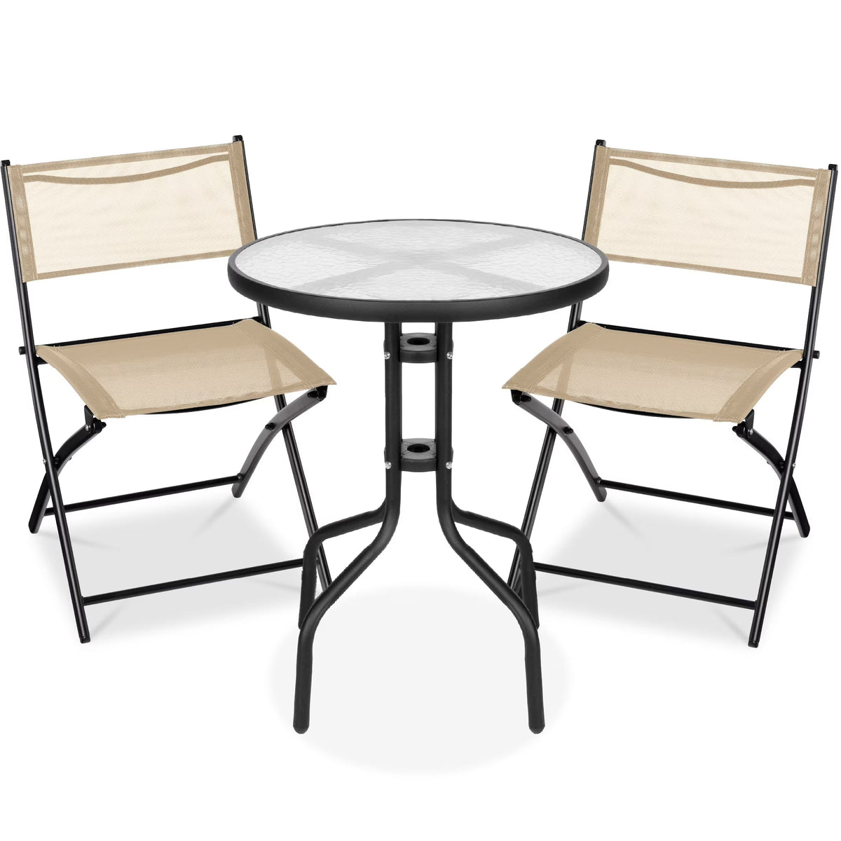 Best Choice Products 3-Piece Patio Bistro Dining Set With Glass Tabletop And Folding Chairs - Gray