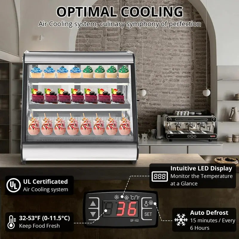 Commercial Countertop Refrigerated Display Case - 130L (4.6 Cu. Ft.), Tempered Glass, LED Lighting