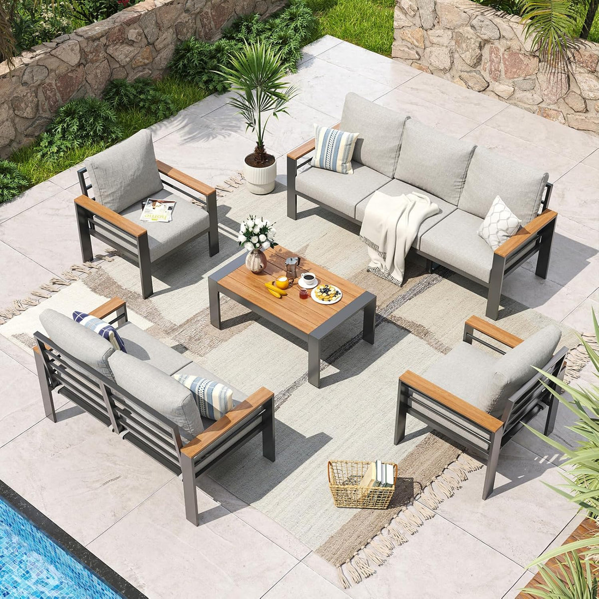 Aoxun Aluminum 7-Seat Patio Sectional With 5 in Cushions, Coffee Table And Waterproof Cover