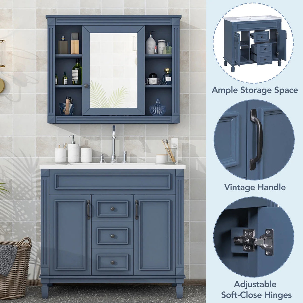 36'' Bathroom Vanity Set With Ceramic Sink Top, Mirror Cabinet, 2 Doors And 2 Drawers - Gray