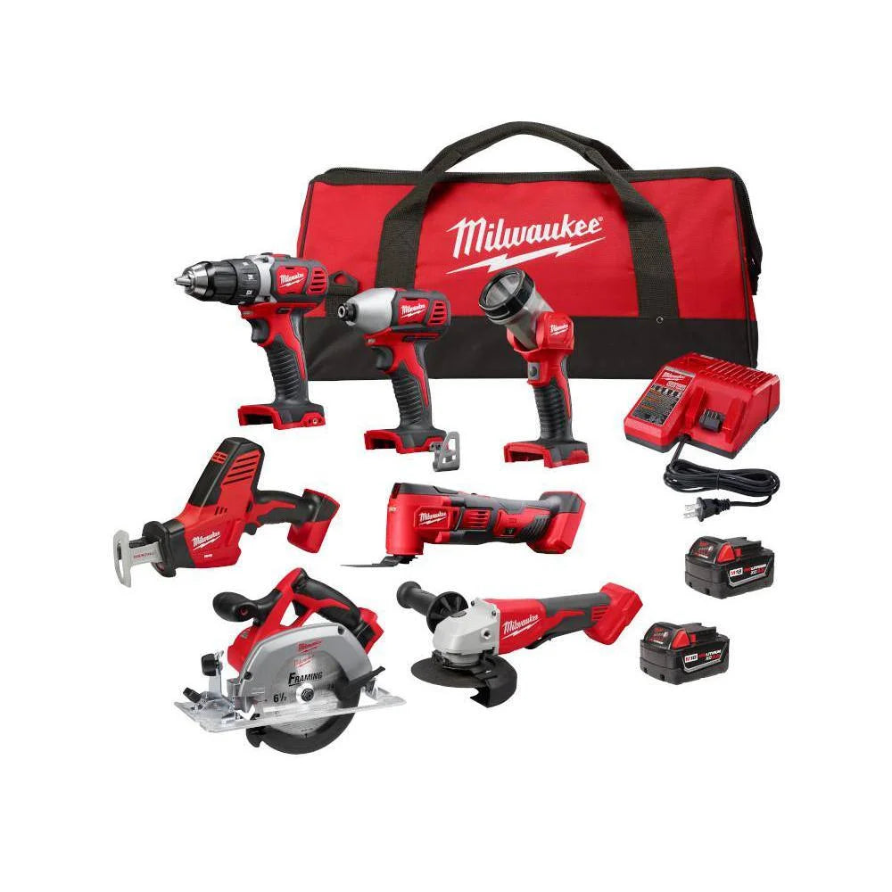 Milwaukee Open Box M18 18-Volt Lithium-Ion Cordless 7-Tool Combo Kit With 2 Batteries, Charger And Tool Bag - 2695-27SH