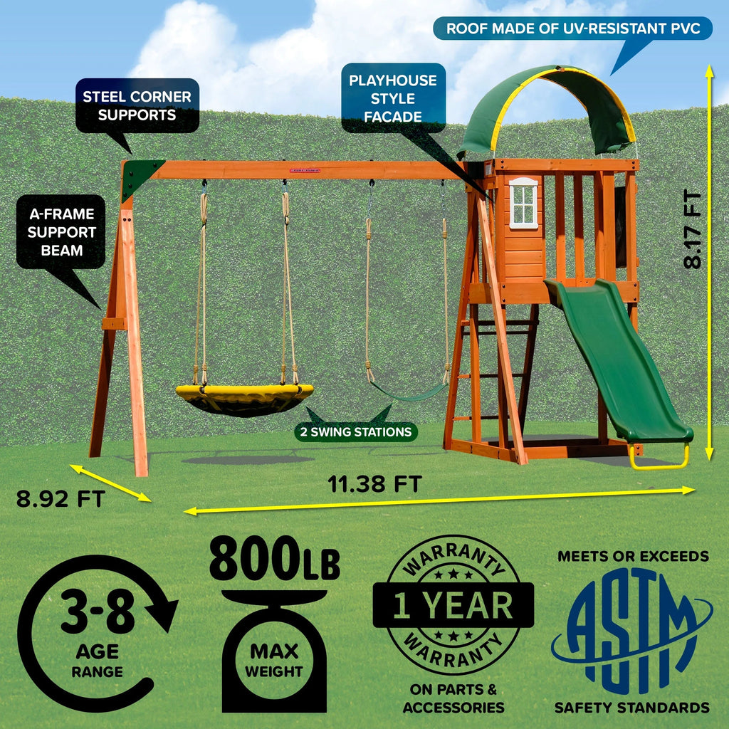Sportspower Amelia Wooden Swing Set With 2-Person Saucer Swing And 6' Slide