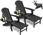 NAVINE Adjustable Folding Adirondack Chair Set Of 2 With Retractable Ottoman, Cup Holder And HDPE