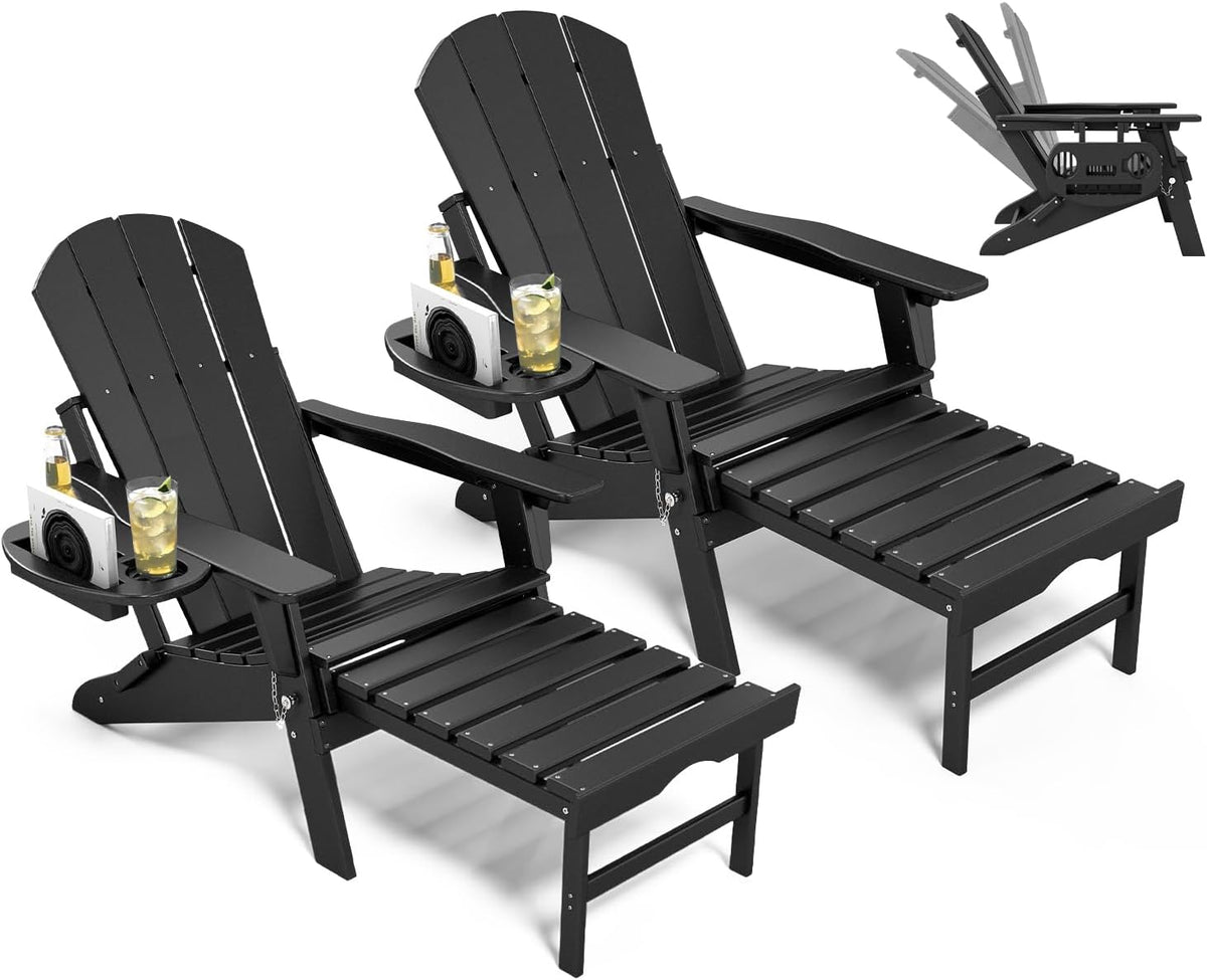 NAVINE Adjustable Folding Adirondack Chair Set Of 2 With Retractable Ottoman, Cup Holder And HDPE