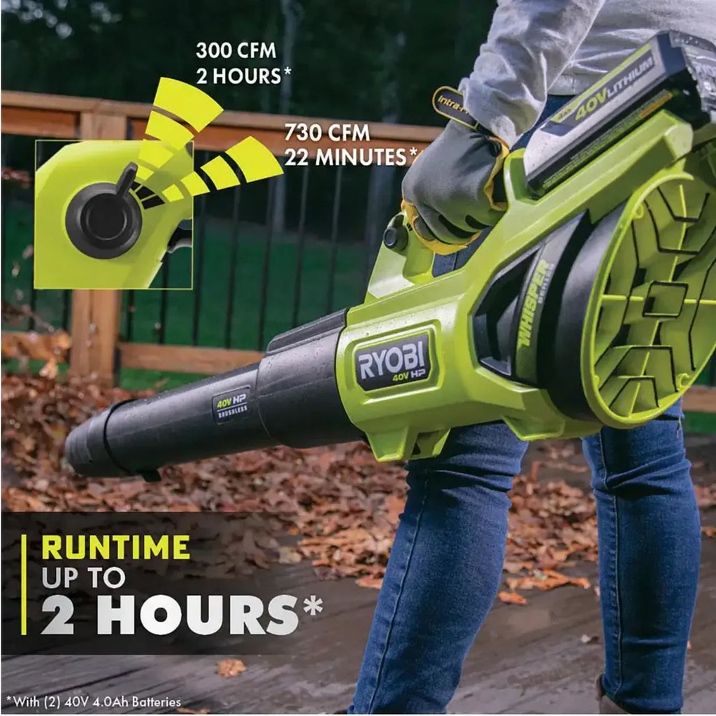 Ryobi 40V HP Brushless Whisper Series Cordless Jet Fan Leaf Blower, 190 MPH 730 CFM, 2 4.0 Ah Batteries And Charger
