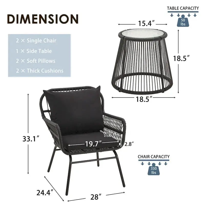 3-Piece Outdoor Rattan Bistro Set With Glass-Top Table, Wide-Arm Chairs And Seat Cushions