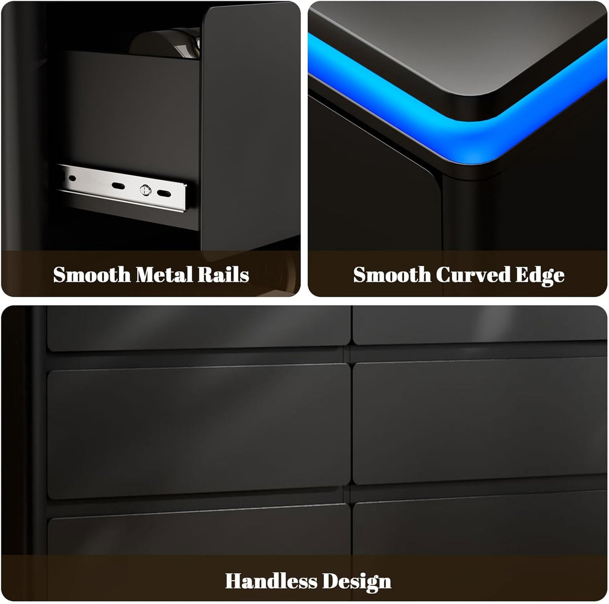 6-Drawer Black Wooden Dresser With Charging Station And LED Lights - 47.2 in