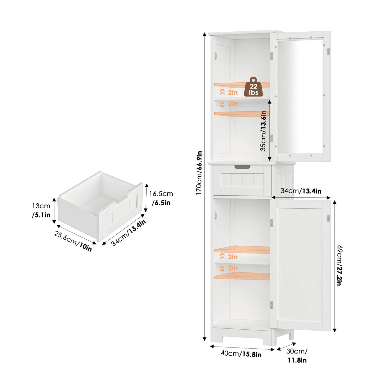 Homfa Tall Narrow Bathroom Storage Cabinet With Door And Drawer, 15.7in L x 11.8in W x 67in H, White