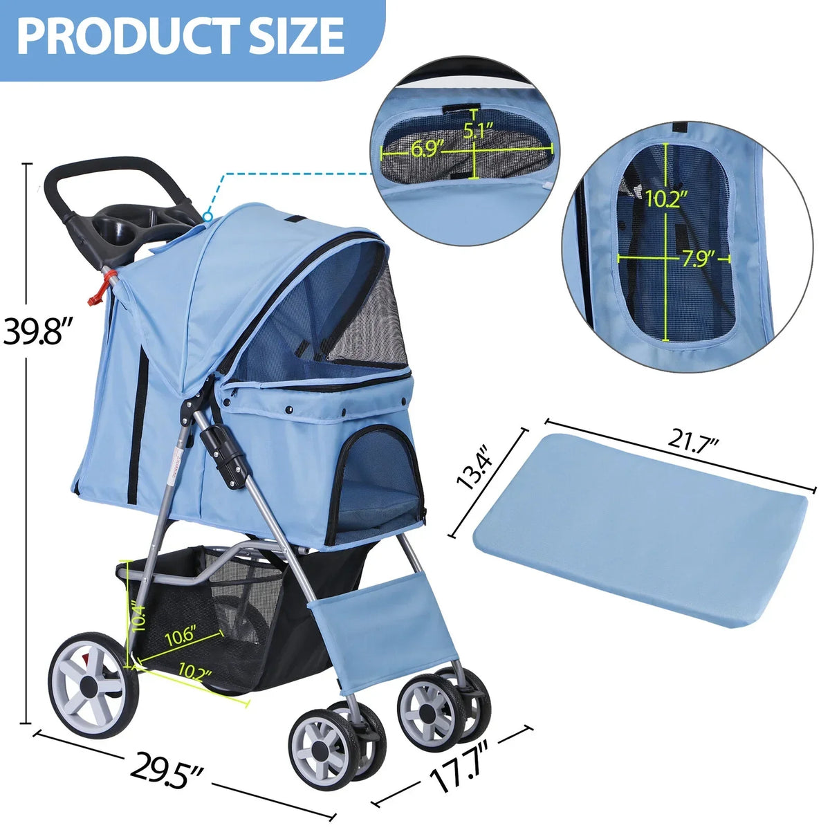 Foldable 4 Wheel Pet Stroller With Cup Holder