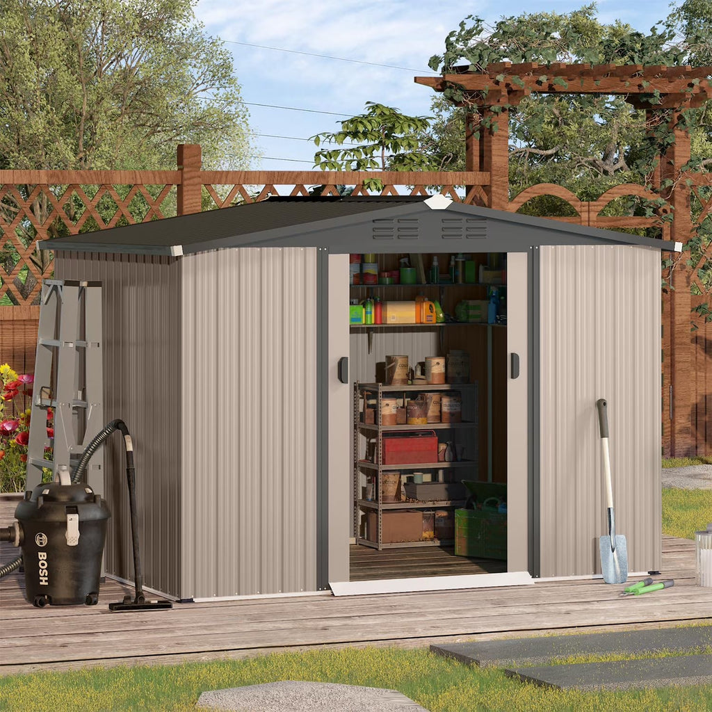 U-MAX 8 x 6 ft. Wood Grain Outdoor Metal Storage Shed With Lockable Door