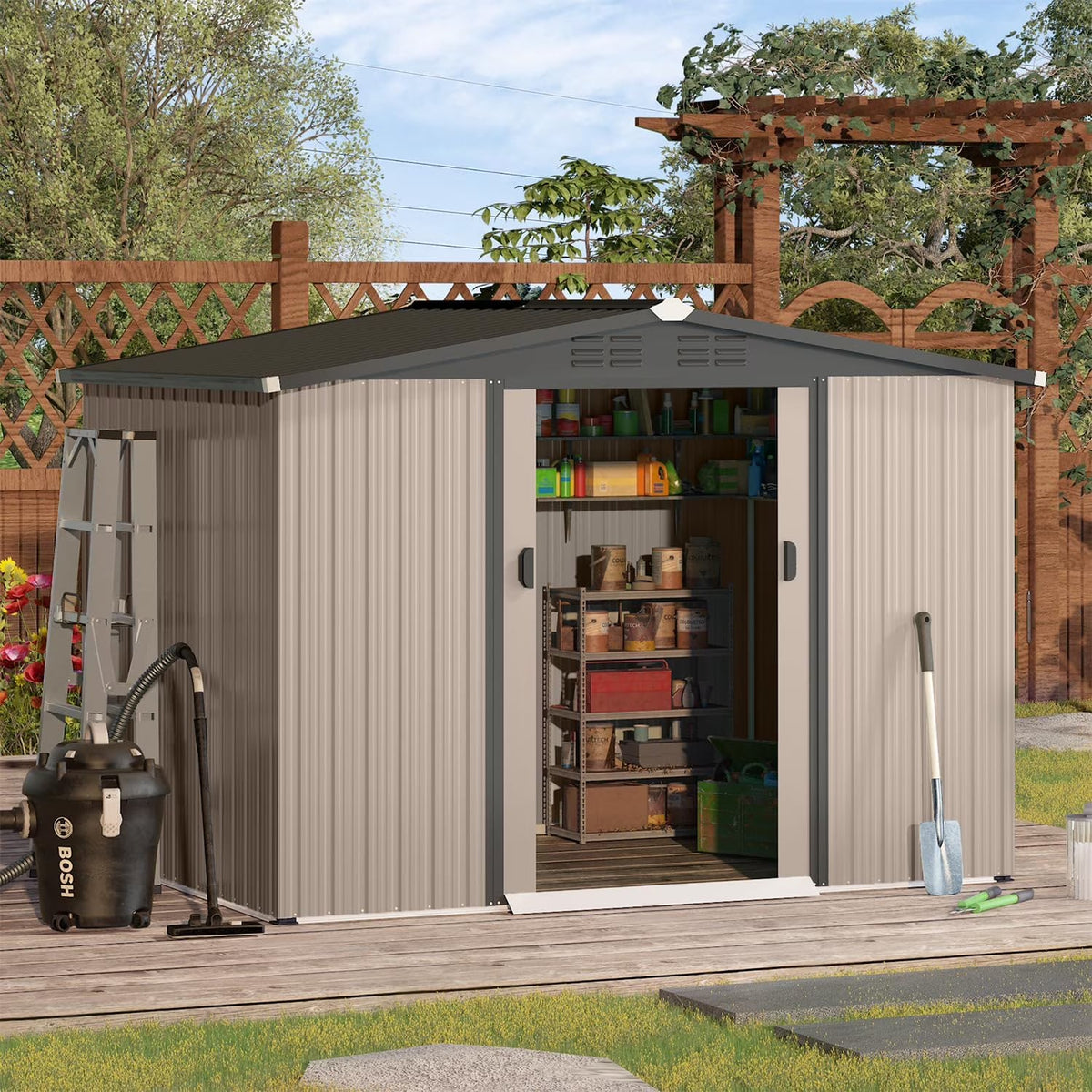U-MAX 8 x 6 ft. Wood Grain Outdoor Metal Storage Shed With Lockable Door
