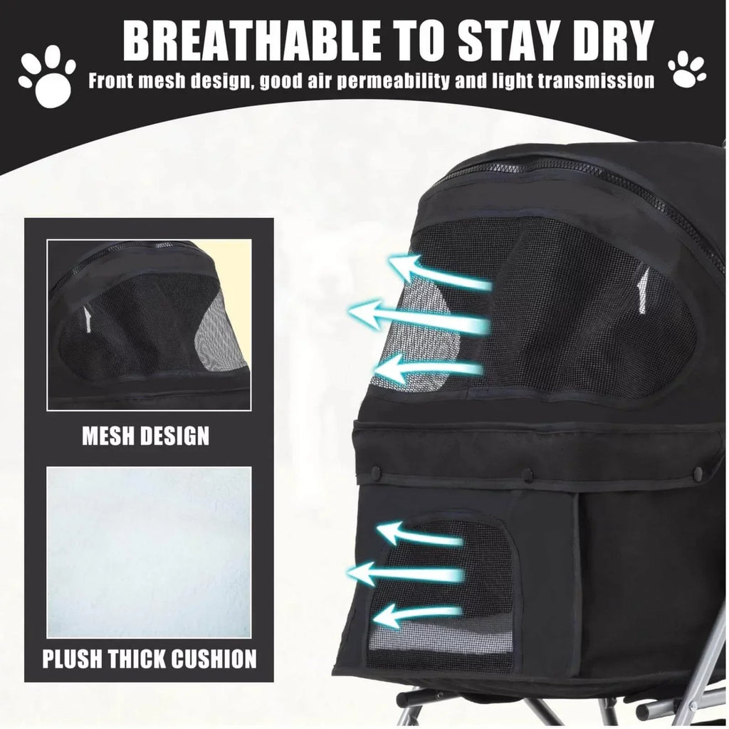 Foldable Dog And Cat Pet Stroller With Storage Basket, Removable Liner And 4 Wheels - Black