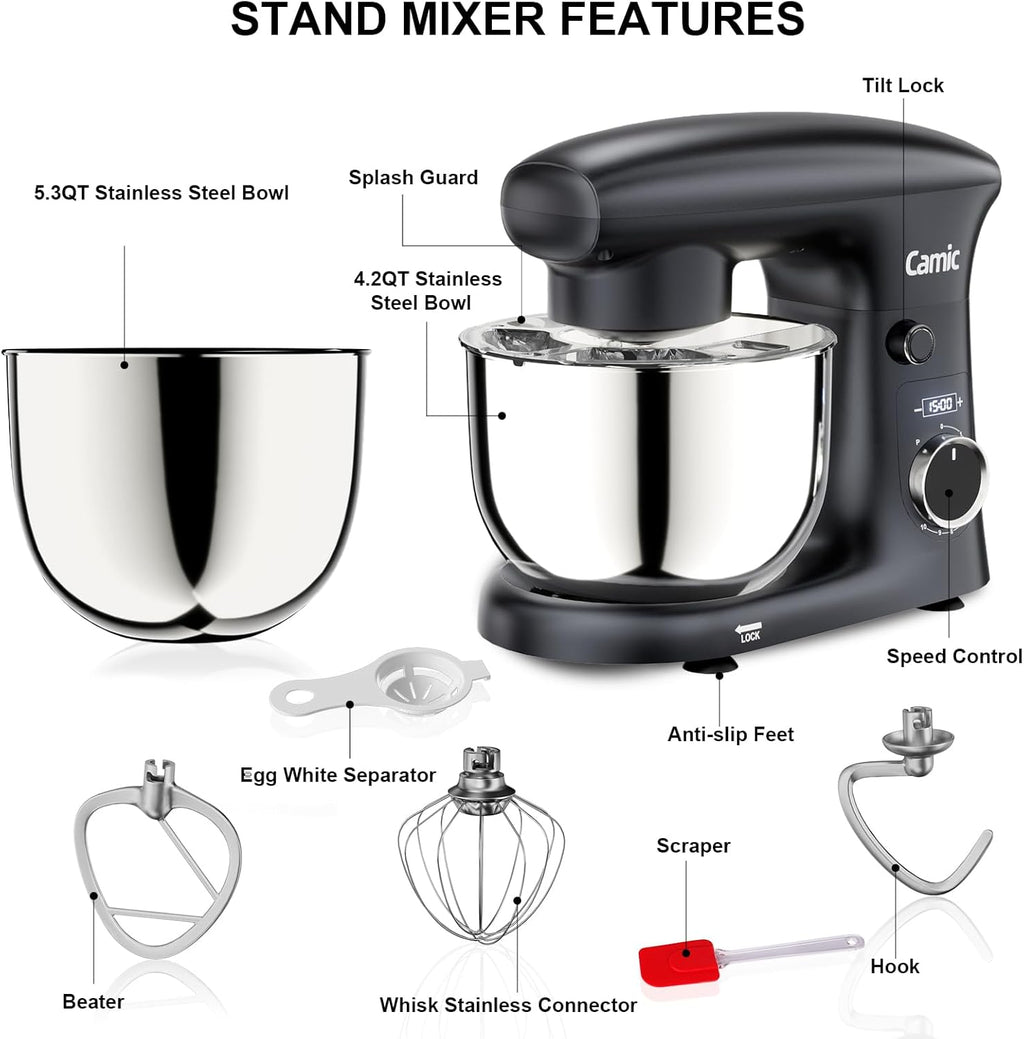 Camic Stand Mixer, 4.2QT + 5.3QT Stainless Steel Bowls, 10 Speeds - Grey