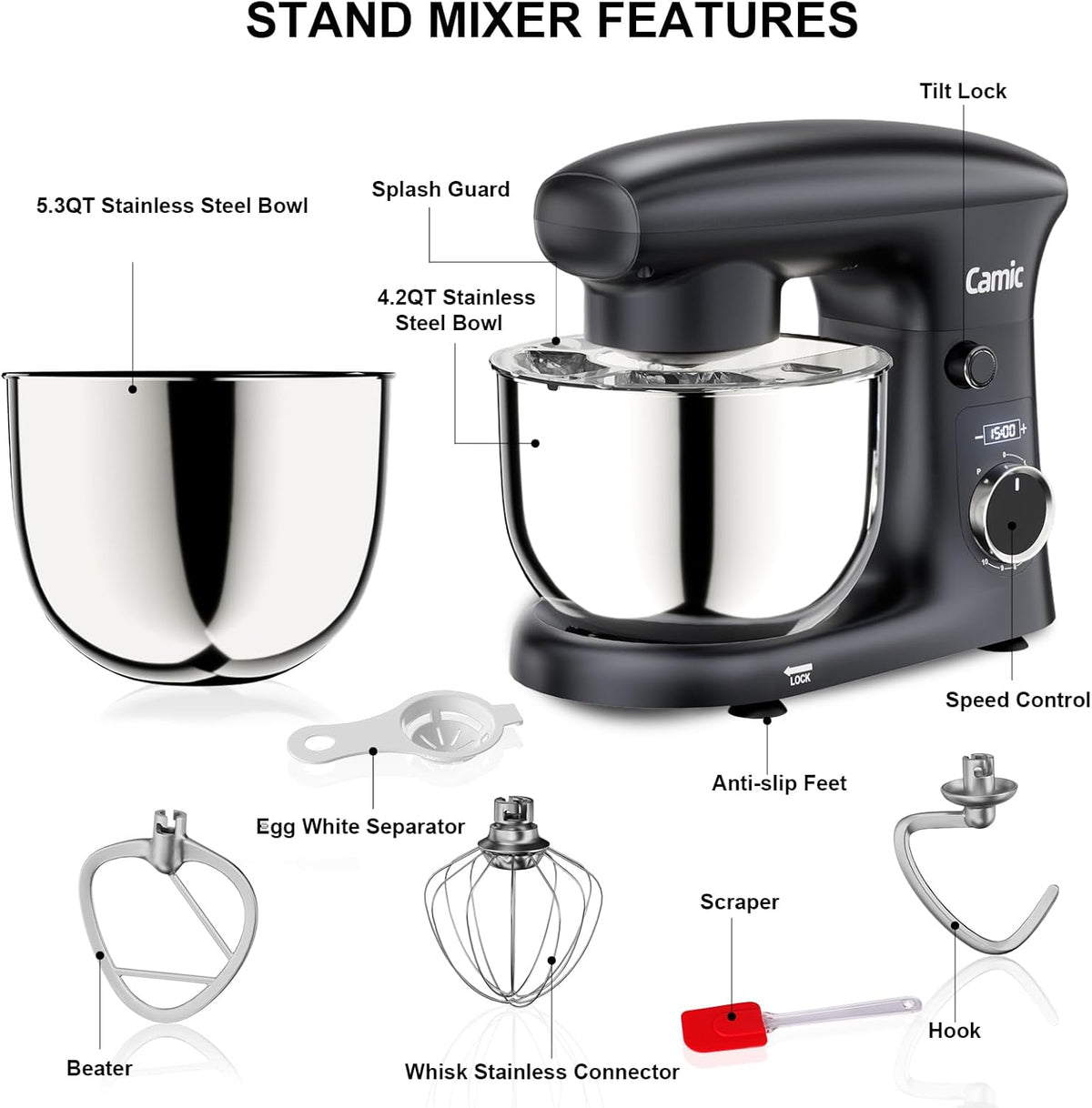 Camic Stand Mixer, 4.2QT + 5.3QT Stainless Steel Bowls, 10 Speeds - Grey