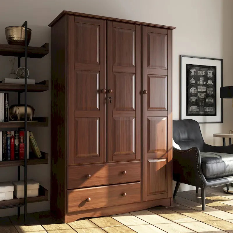 3-Door Solid Wood Wardrobe Armoire With 2 Drawers - 72in H x 45.8in W x 20.75in D