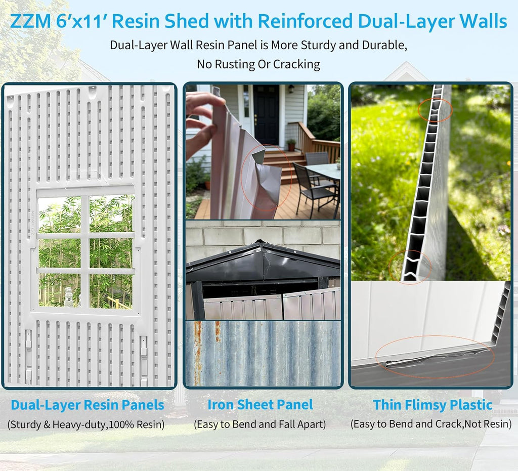 ZZM Outdoor Resin Storage Shed 6x11 Ft With Floor And Windows, Gray