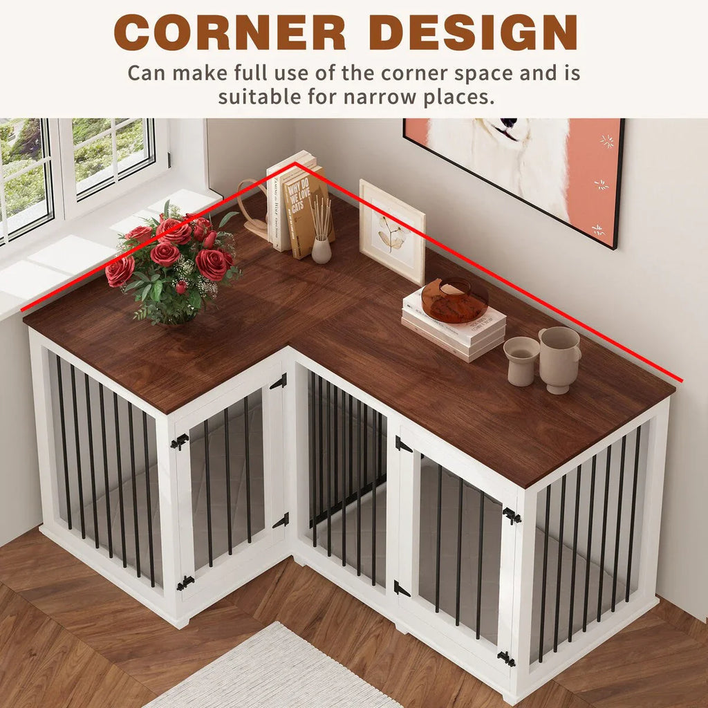 L Shape Corner Dog Crate Furniture For 2 Dogs, 58.7X41.1