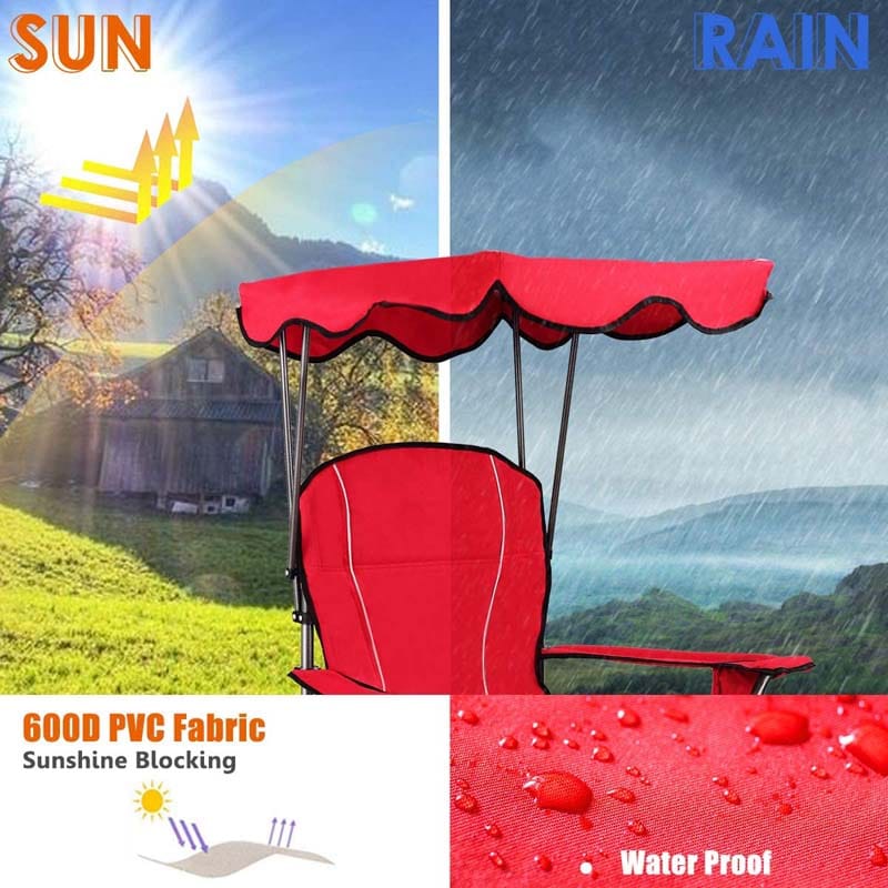 Outdoor Canopy Folding Beach Chair With 2 Cup Holders, 600D PVC Fabric - 38in x 26.5in x 51in