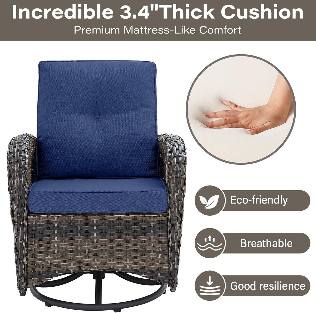 Belord 3-Piece Patio Swivel Rocking Chair Set With Side Table - Brown/Blue