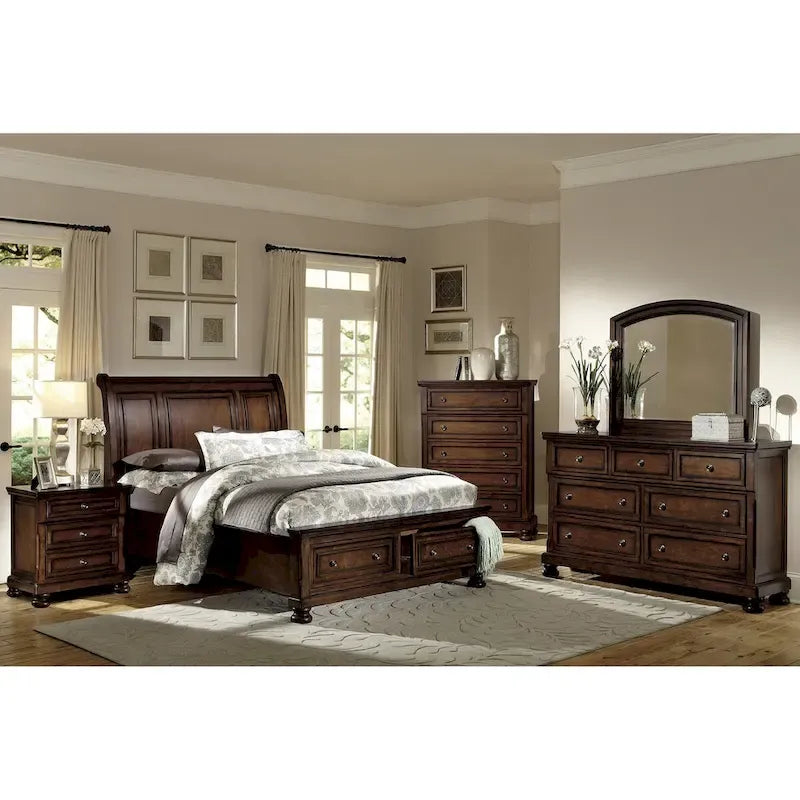 5-Piece Classic Brown Cherry Platform Storage Bedroom Set