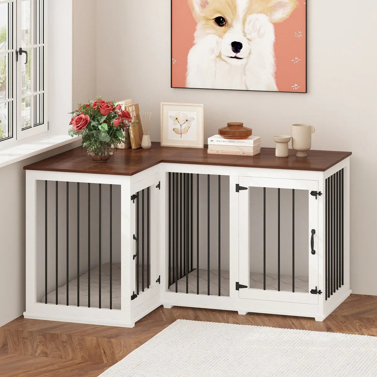 L Shape Corner Dog Crate Furniture For 2 Dogs, 58.7X41.1