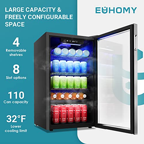 EUHOMY Beverage Refrigerator, 126 Can, 3.2 Cu.Ft, Glass Door - BR-110