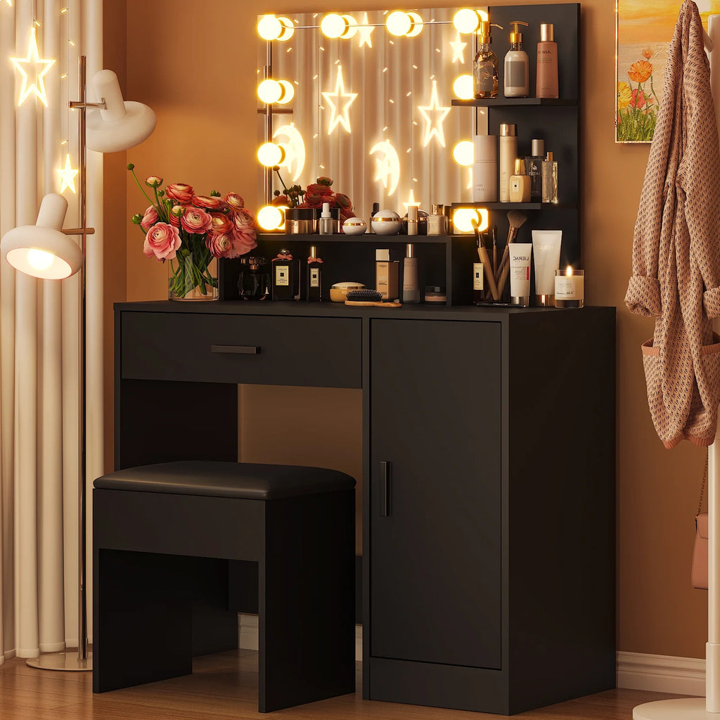 Ktaxon Vanity Makeup Table With Stool, 3-Color Lighted Mirror, 3 Shelves, Drawers, White - 35.43 x 15.55 x 29.53-53.27 in