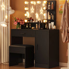 Ktaxon Vanity Makeup Table With Stool, 3-Color Lighted Mirror, 3 Shelves, Drawers, White - 35.43 x 15.55 x 29.53-53.27 in