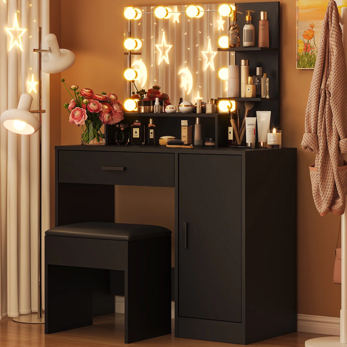 Ktaxon Vanity Makeup Table With Stool, 3-Color Lighted Mirror, 3 Shelves, Drawers, White - 35.43 x 15.55 x 29.53-53.27 in