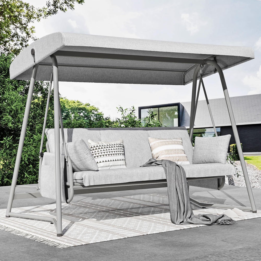 TQKVIPI 4 Person Outdoor Porch Swing Bed With Adjustable Backrest Canopy - 800 lbs Capacity
