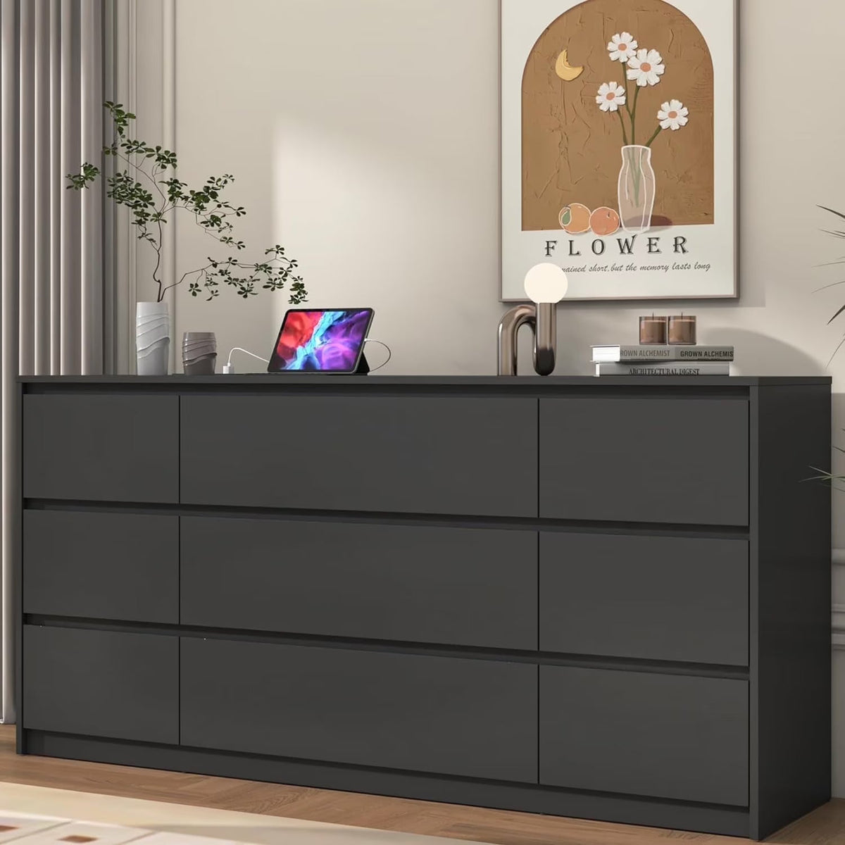 ChVans 9-Drawer Dresser With Charging Station, Black, 63in x 15.7in x 31.5in