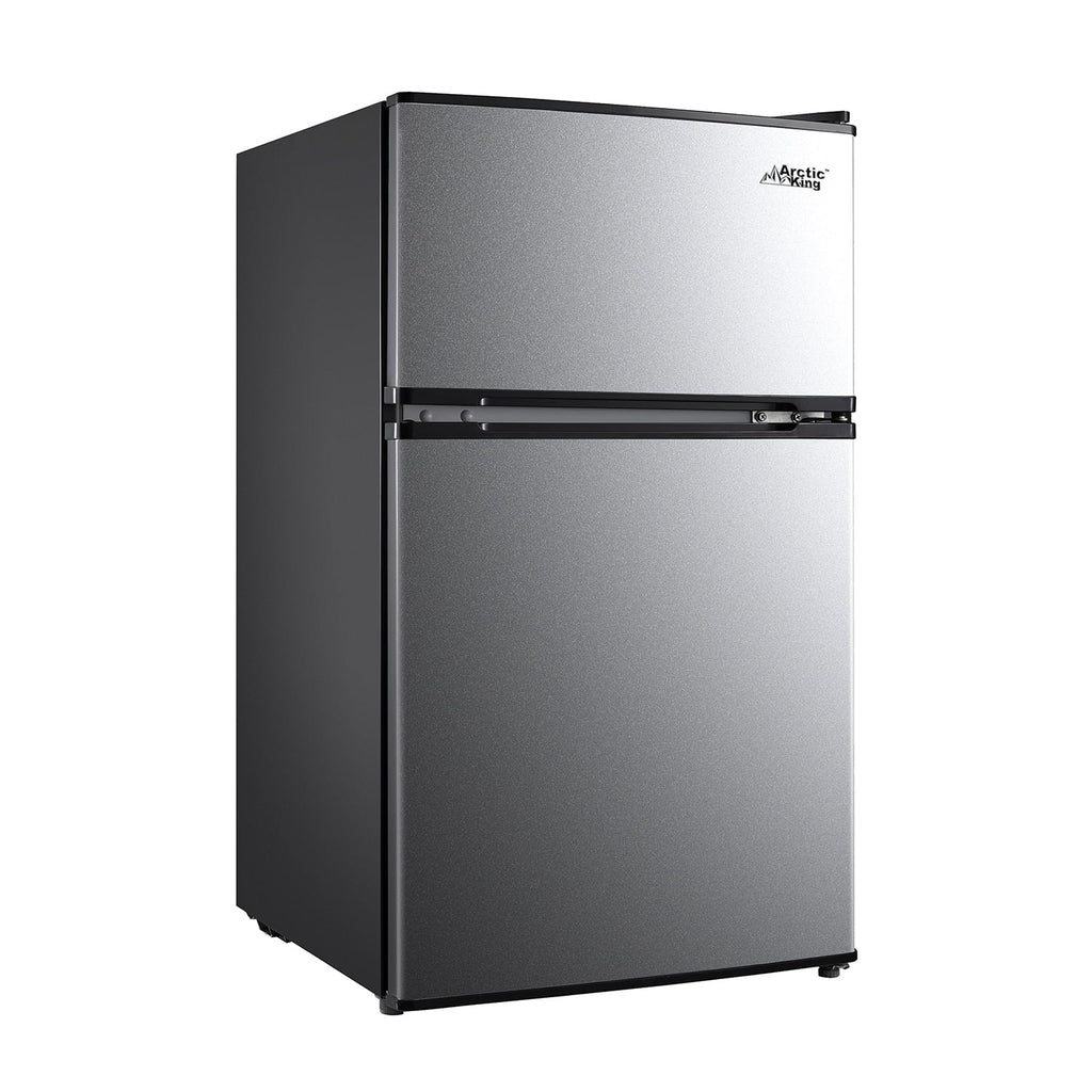 Arctic King Two-Door Mini Fridge With Freezer, 3.2 Cu ft, 18.5 in x 19.4 in x 33.3 in, Stainless Steel - E-Star
