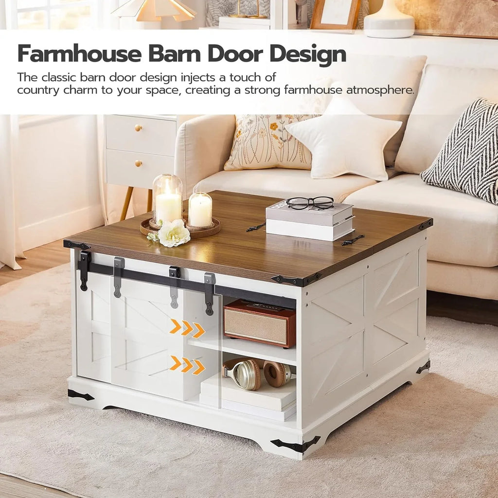 HOOBRO Farmhouse Lift-Top Coffee Table With Sliding Barn Door, White And Walnut, 31.3in L x 31.5in W x 19.7in H - WH80KF01